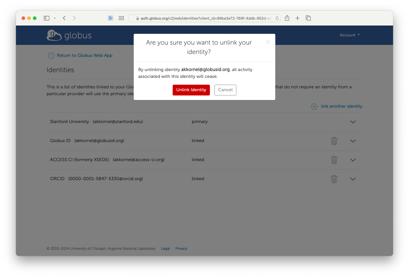 Globus screen confirming that is it OK to unlink an identity