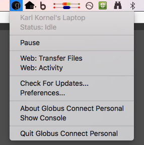 The Globus Connect Personal application menu, which appears when you click on the Globus Connect Personal icon.