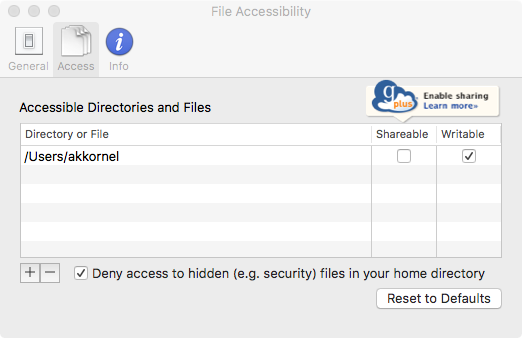 The Globus Connect Personal options window, with the Access tab selected, showing one directory.