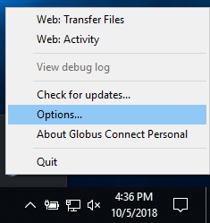 The pop-up menu that appears when right-clicking on the Globus icon in the toolbar