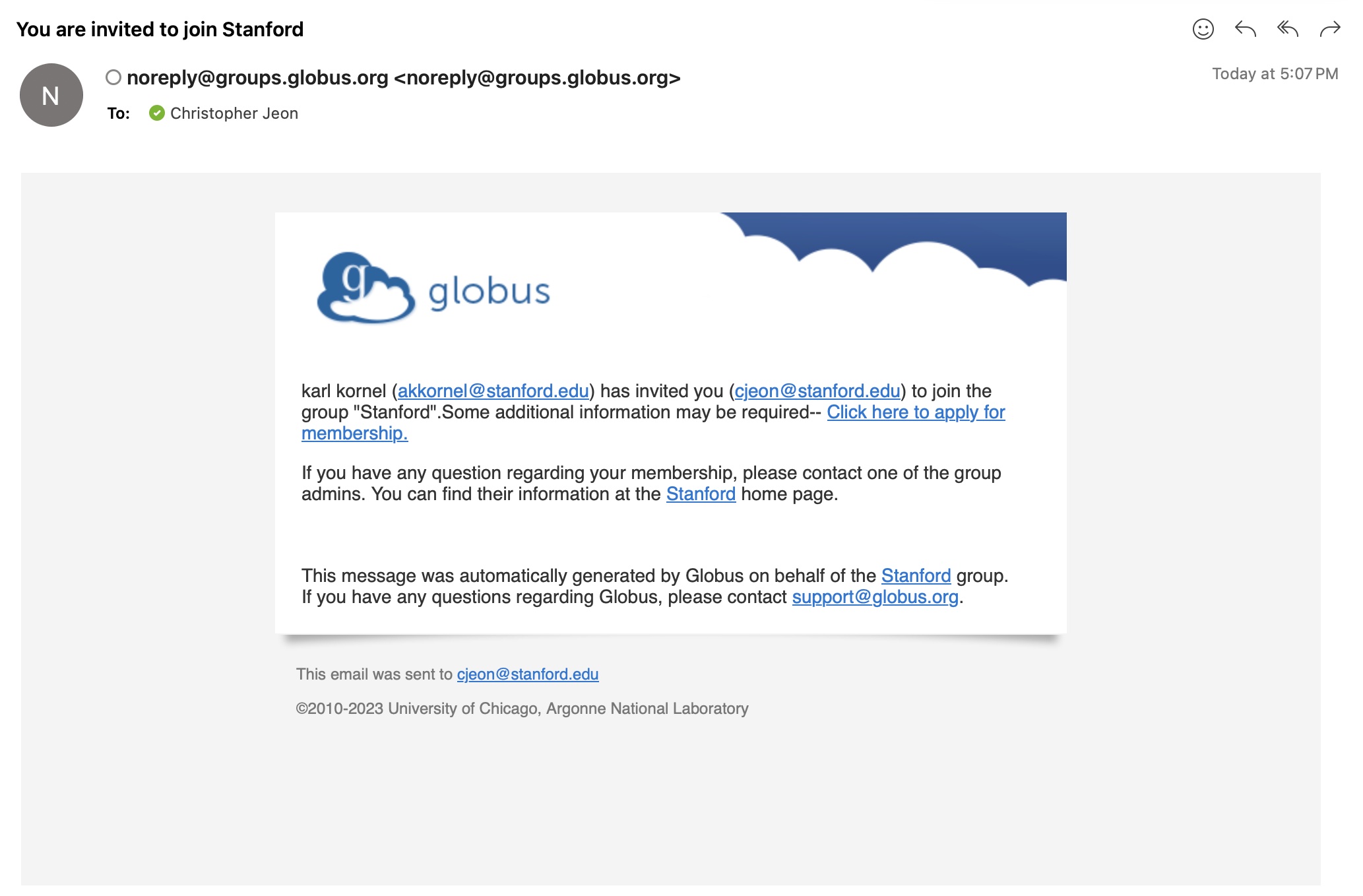 Part of an email from Globus, inviting the recipient to join the 'Stanford University Globus Plus Group'