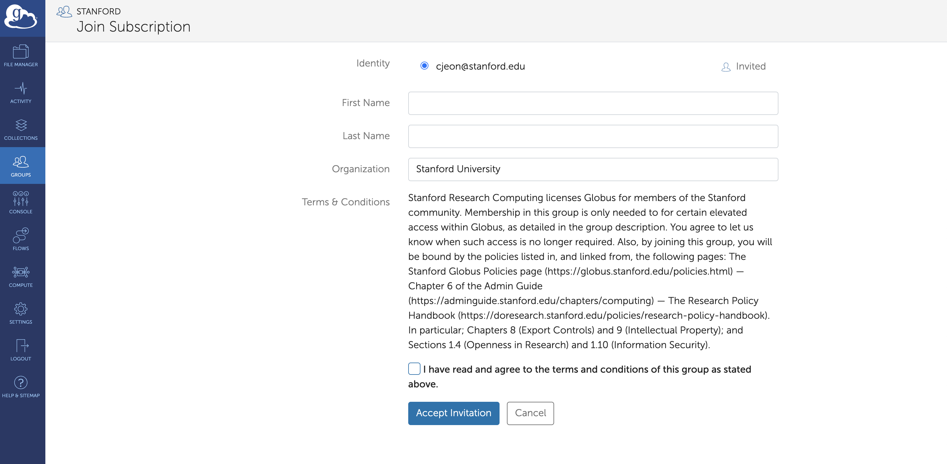 The Globus web site, showing the Groups page, and displaying a screen asking the user to confirm that they want to join a group.  This involves filling in name & organization, and agreeing to terms