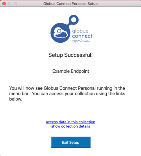 The Globus Connect Personal setup screen, showing a successful setup.
