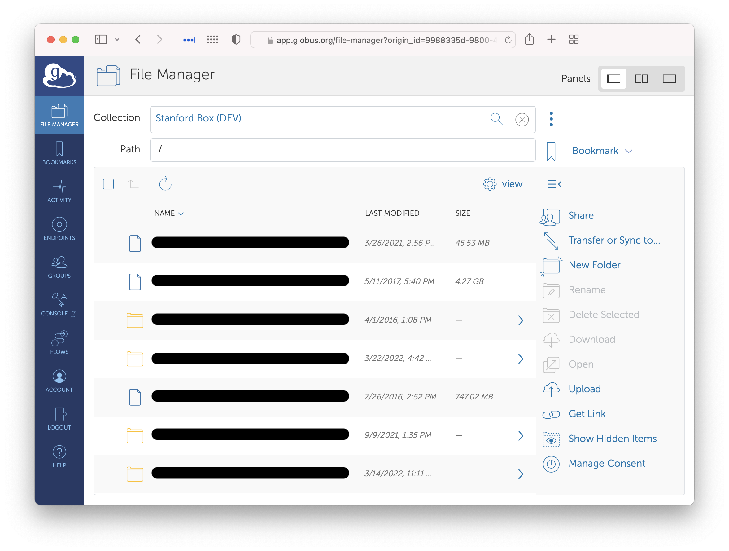 The File Manager showing the root of the Box collection, listing files and directories.