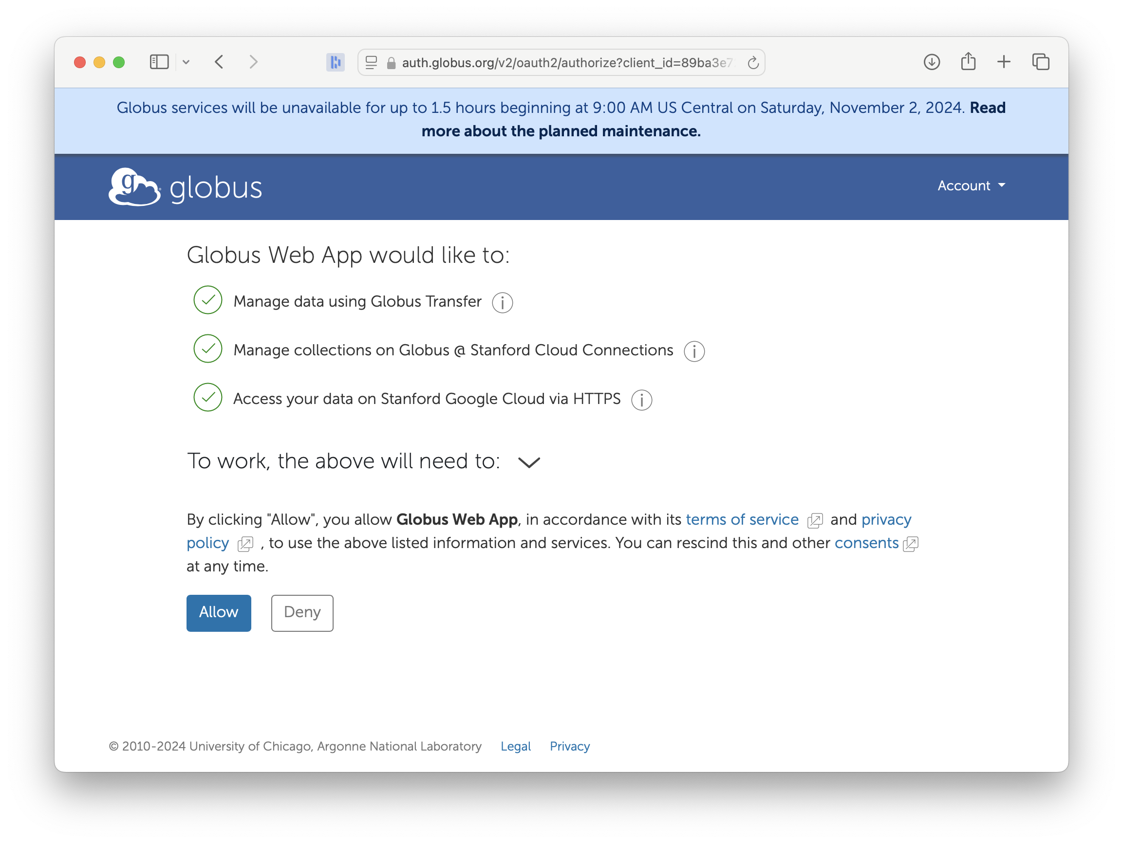 A prompt to give consent to the Globus Web app to access Google Cloud Storage on your behalf.