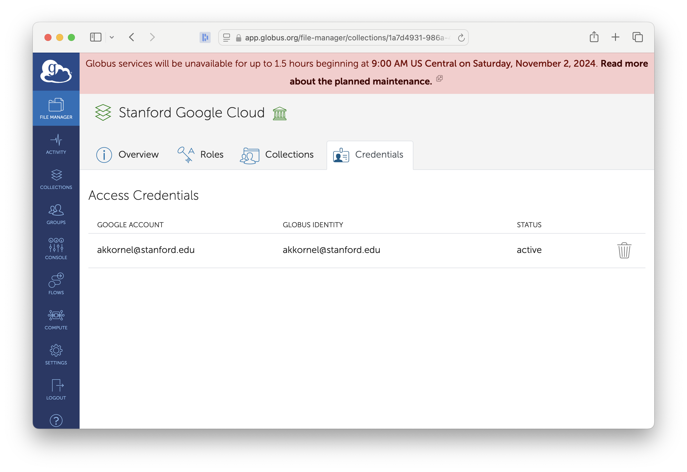 A Globus screen showing Google Cloud Storage credentials.