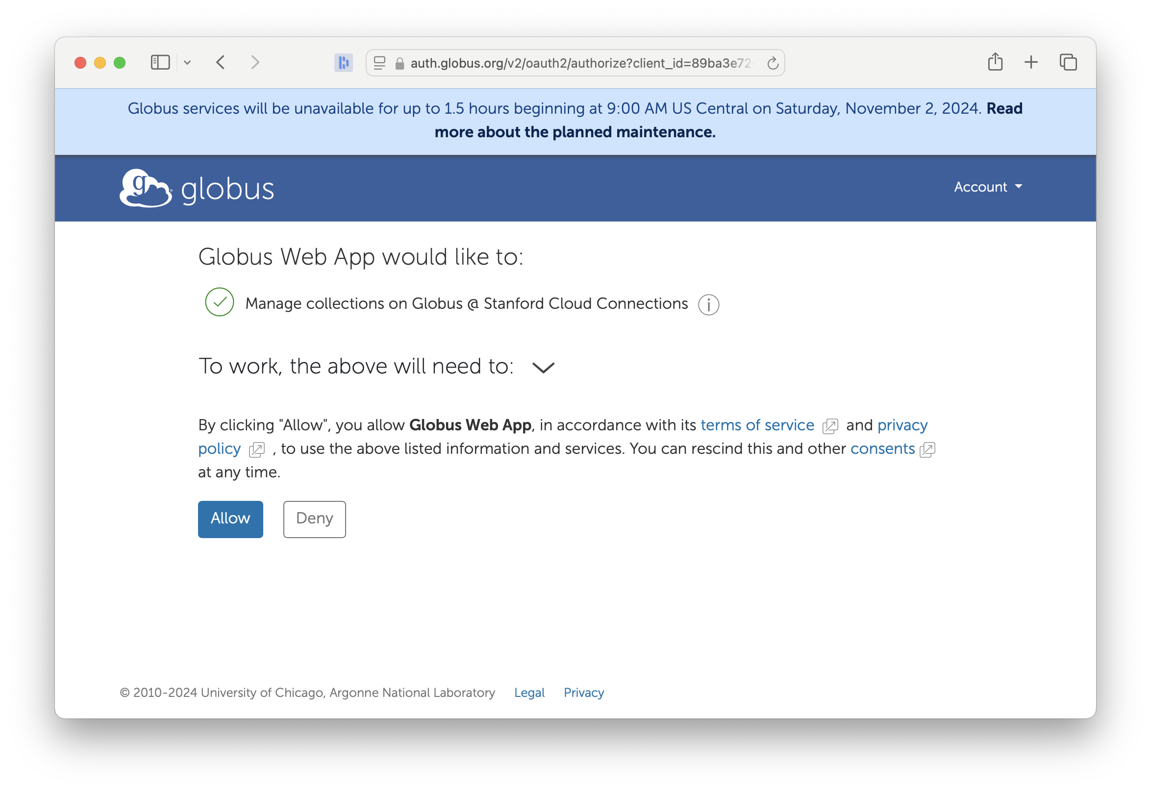 A prompt to give consent to the Globus Web app to manage your Google credentials in the Google Cloud Storage collection.