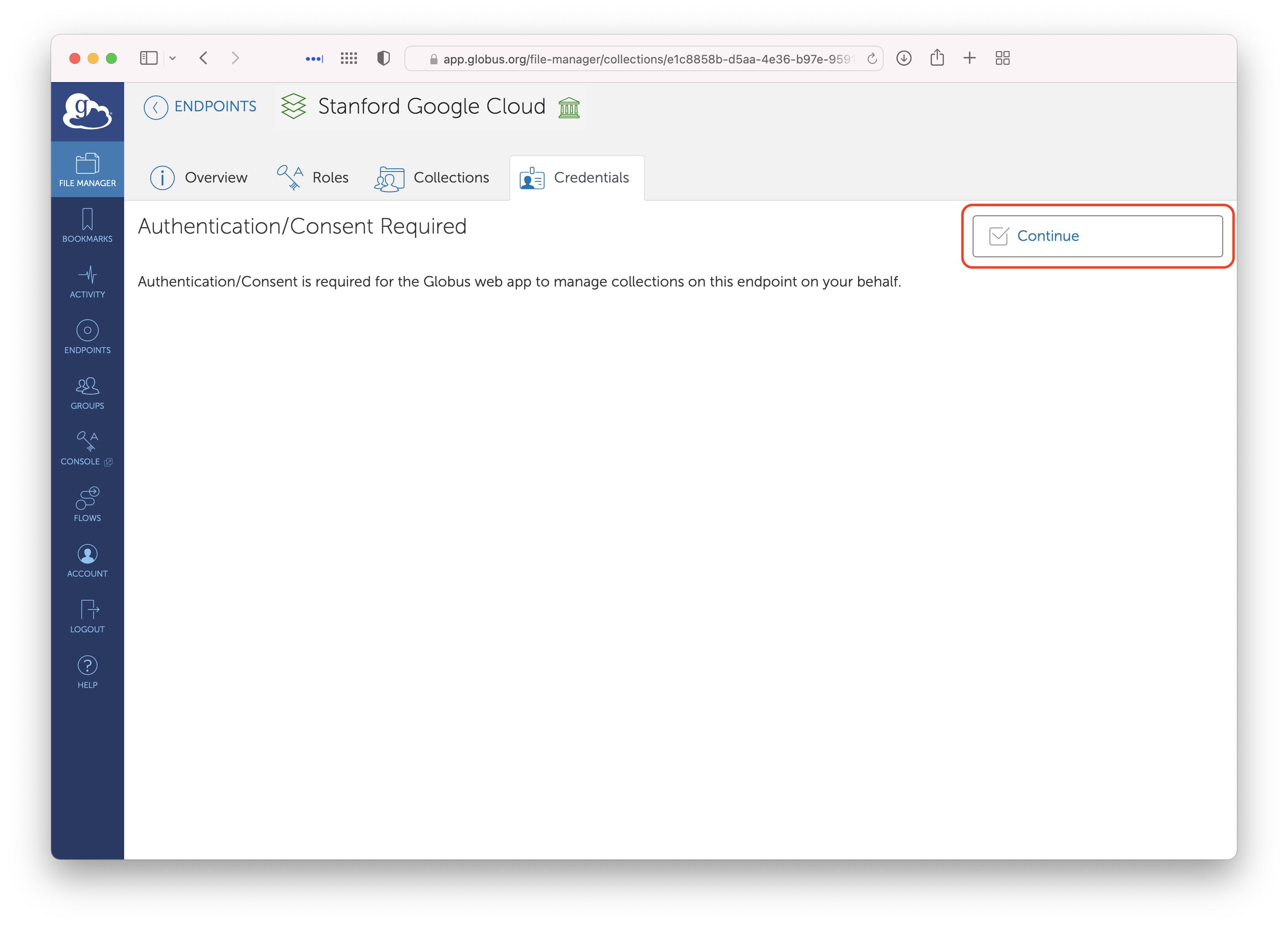 A prompt to give Globus consent to manage your Google Cloud Storage credentials.