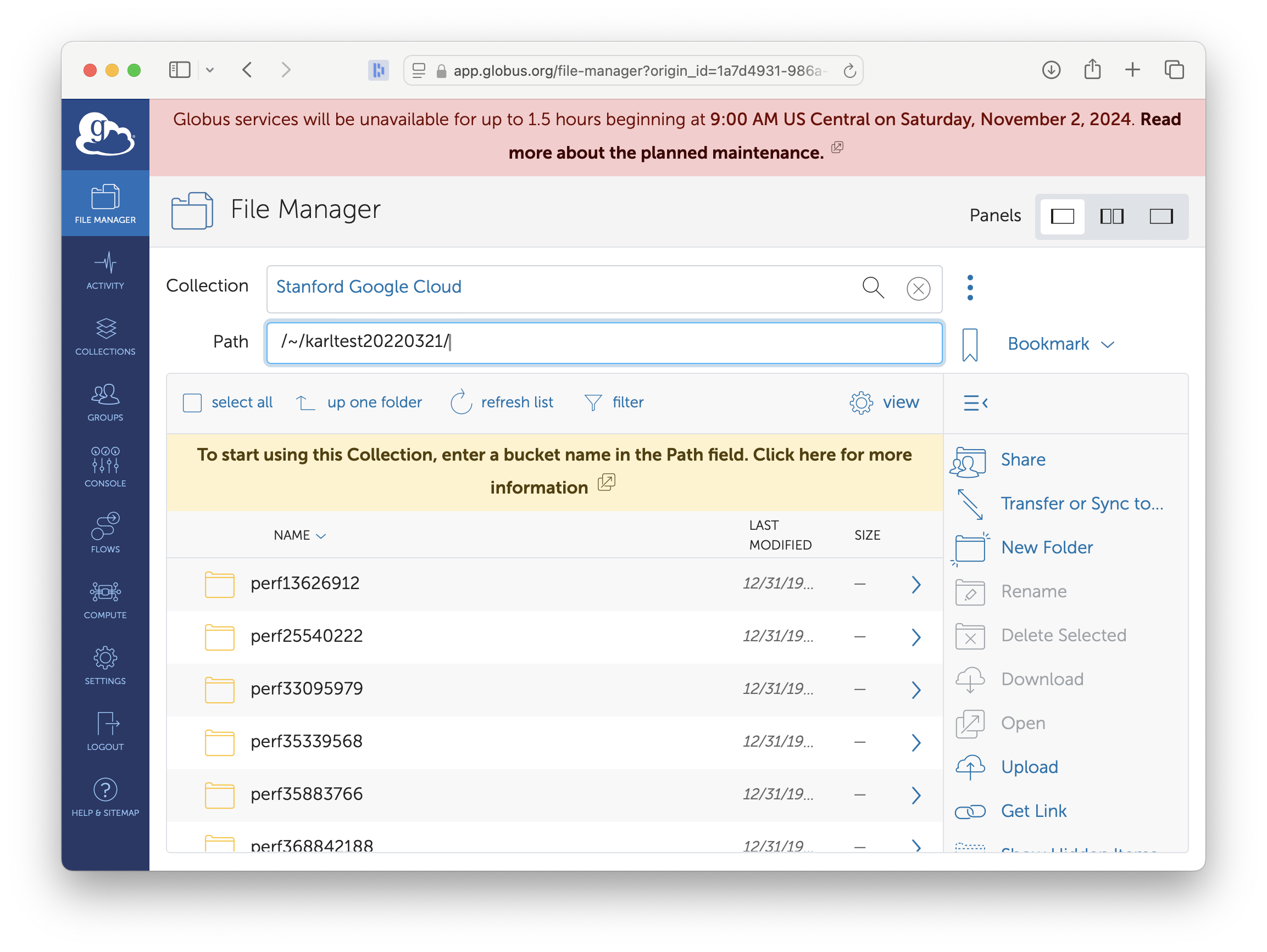 The File Manager, showing the contents of a bucket.