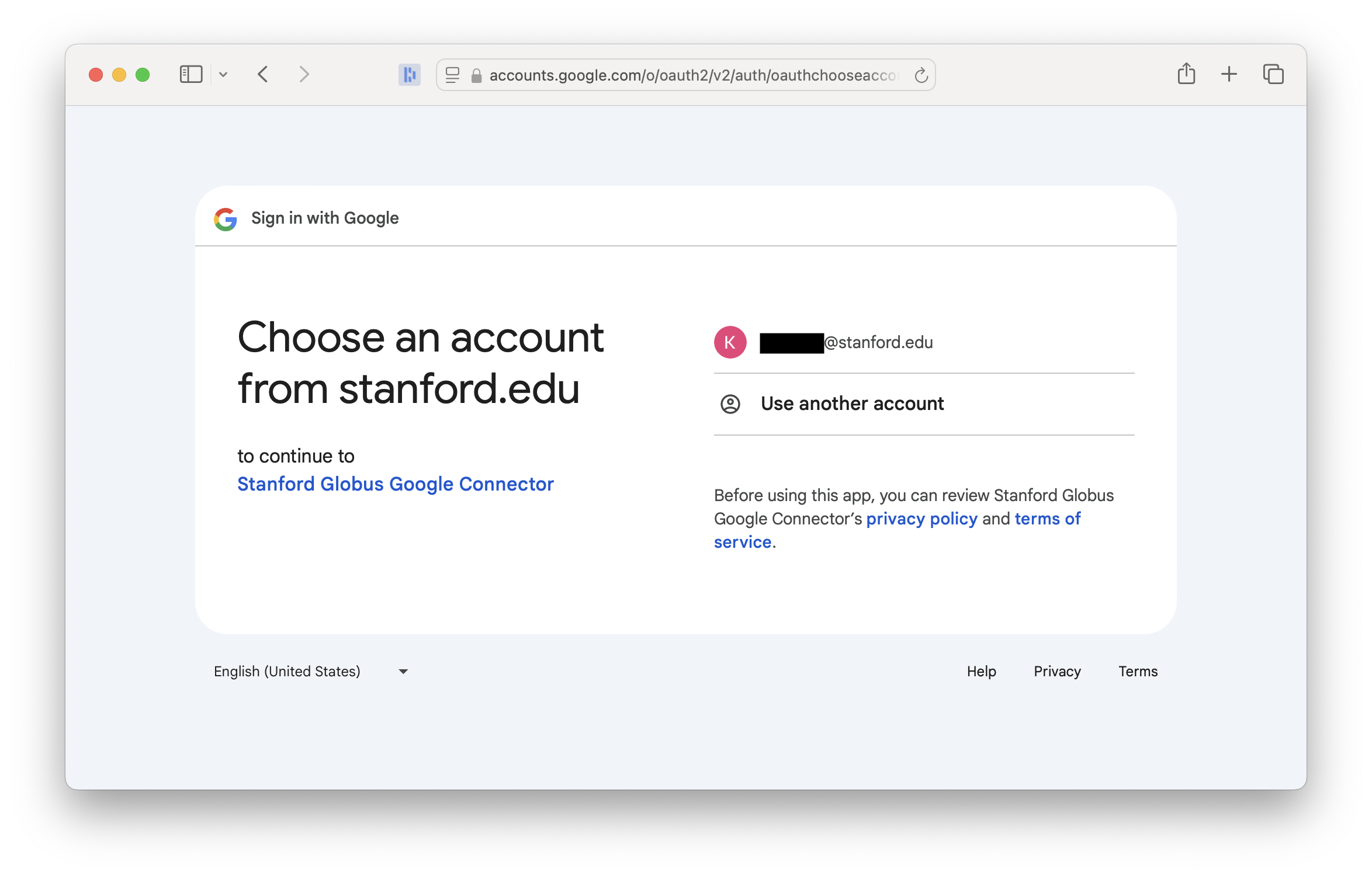 A Google screen, asking you to select your Stanford Google account.