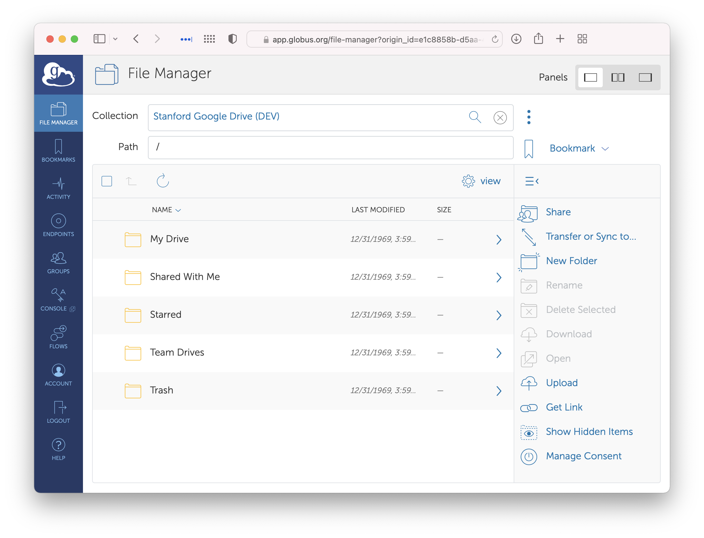 The File Manager showing the root of the S3 collection, listing buckets.