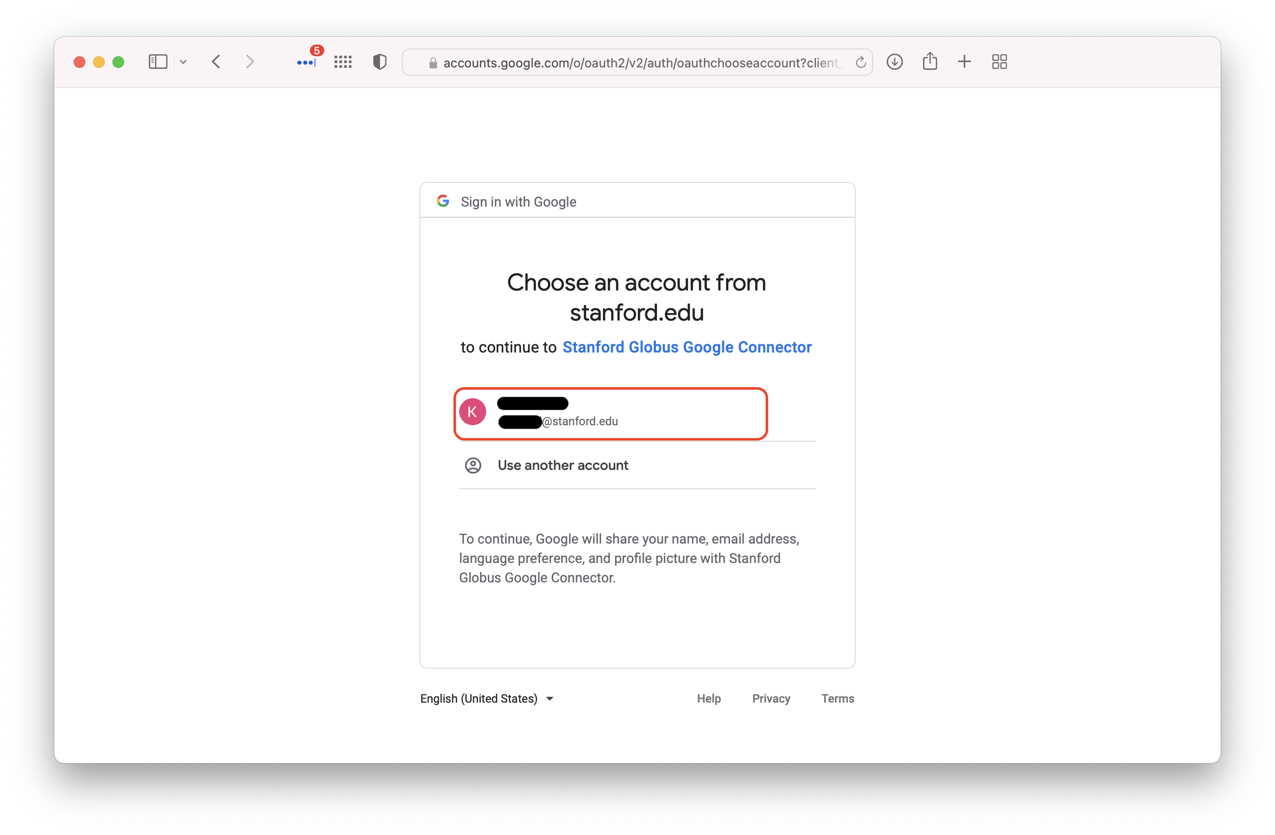 A Google screen, asking you to select your Stanford Google account.