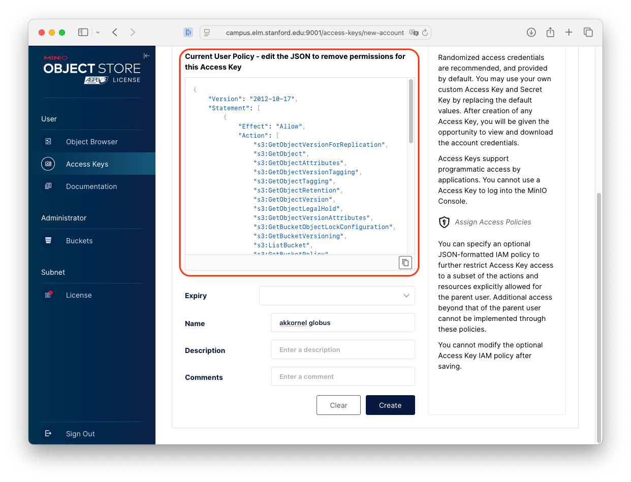 The Create Access Key page, with a name and policy filled in.