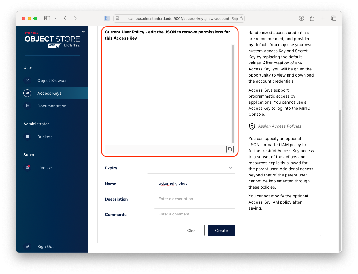 The Create Access Key page, with the policy deleted.