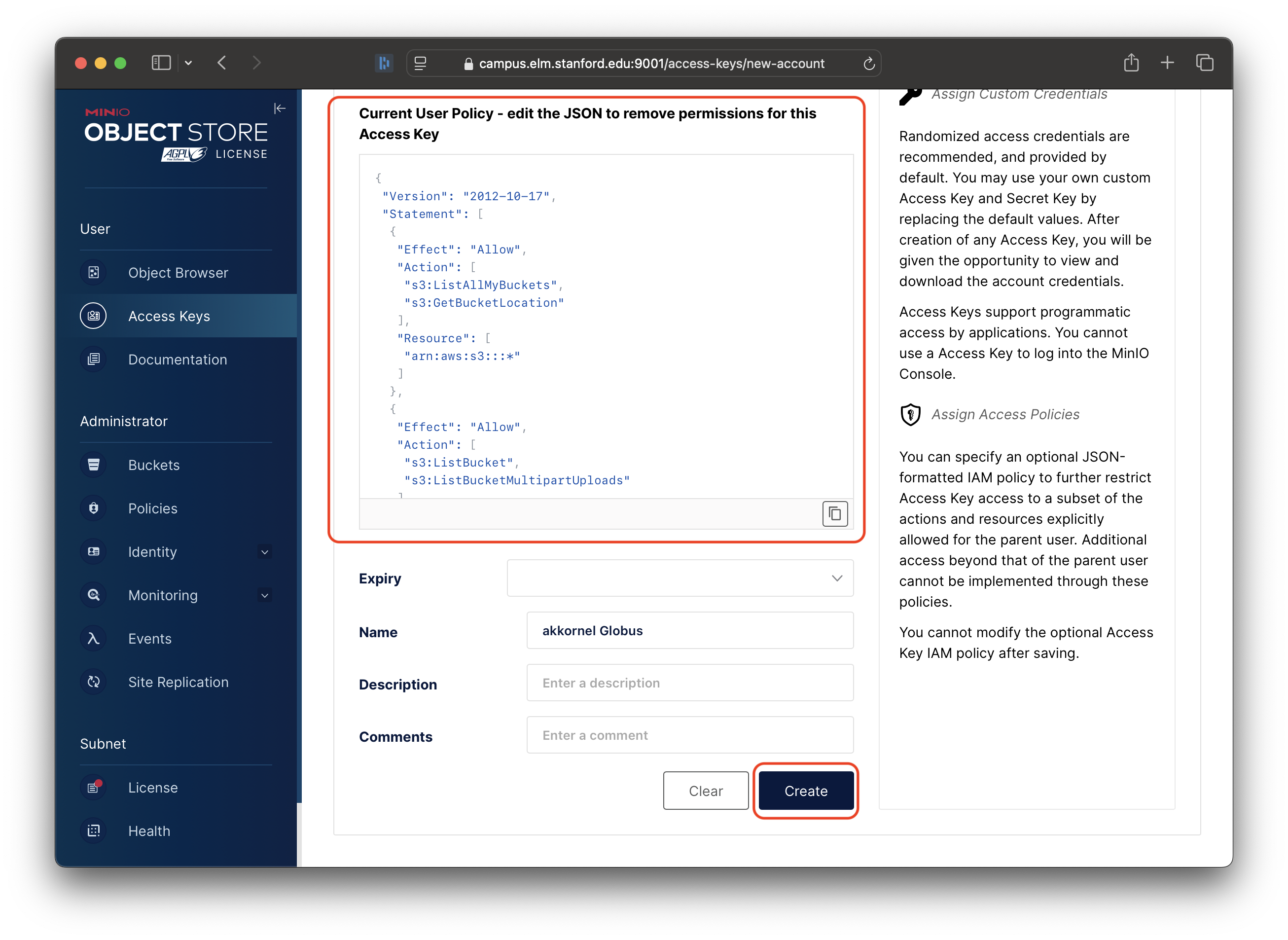 The Create Access Key page, with the policy updated.