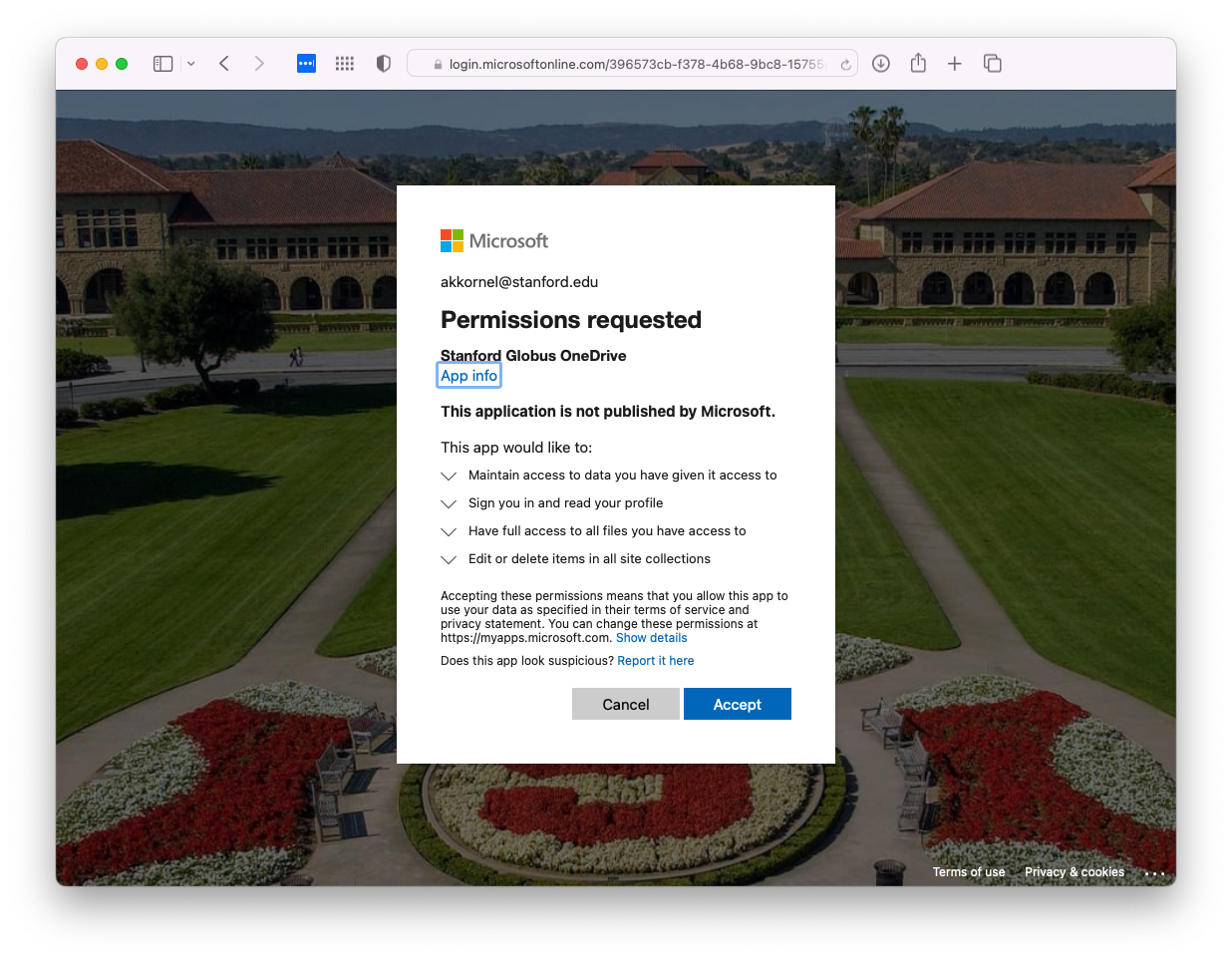 A Microsoft screen asking for permission to allow access to your data.
