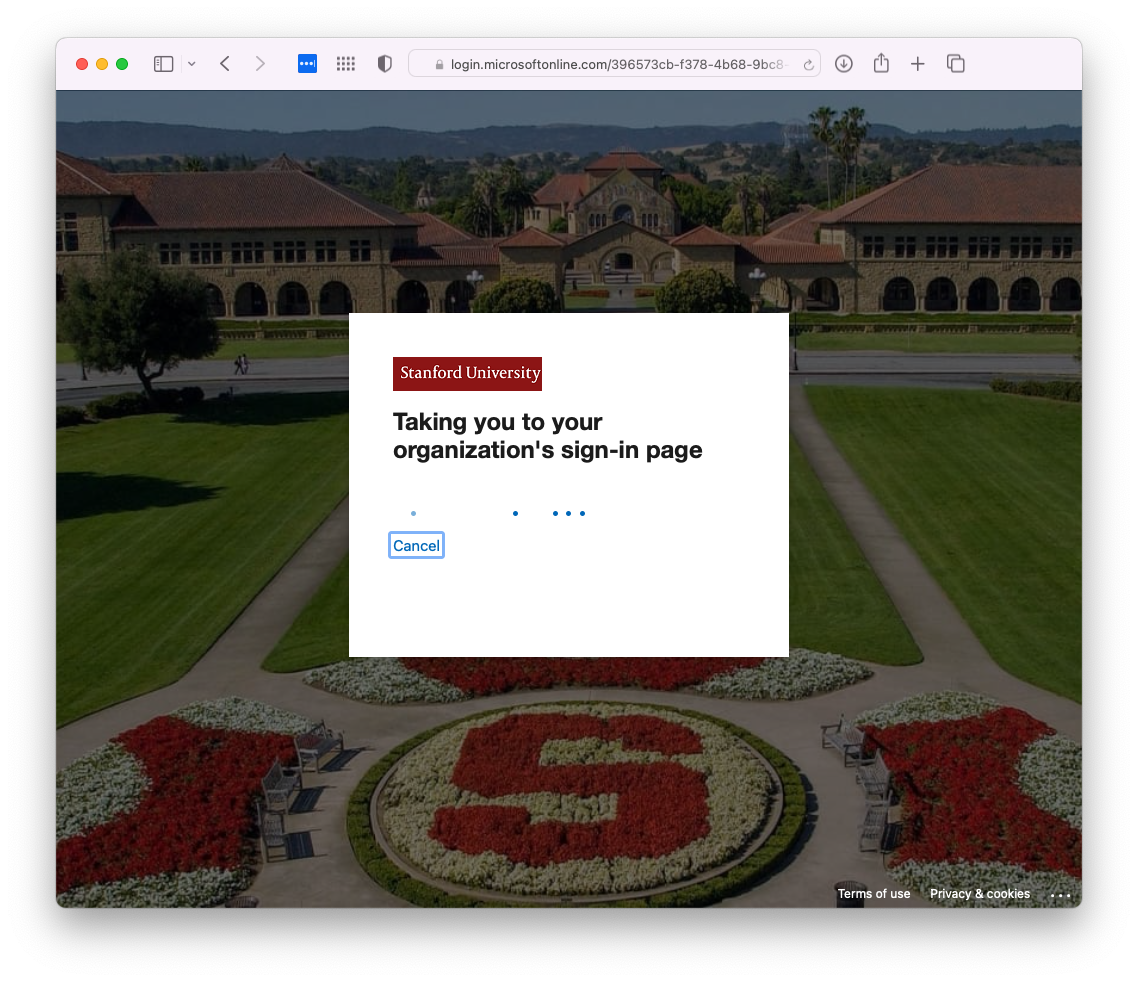A Microsoft screen, redirecting you to Stanford Login.