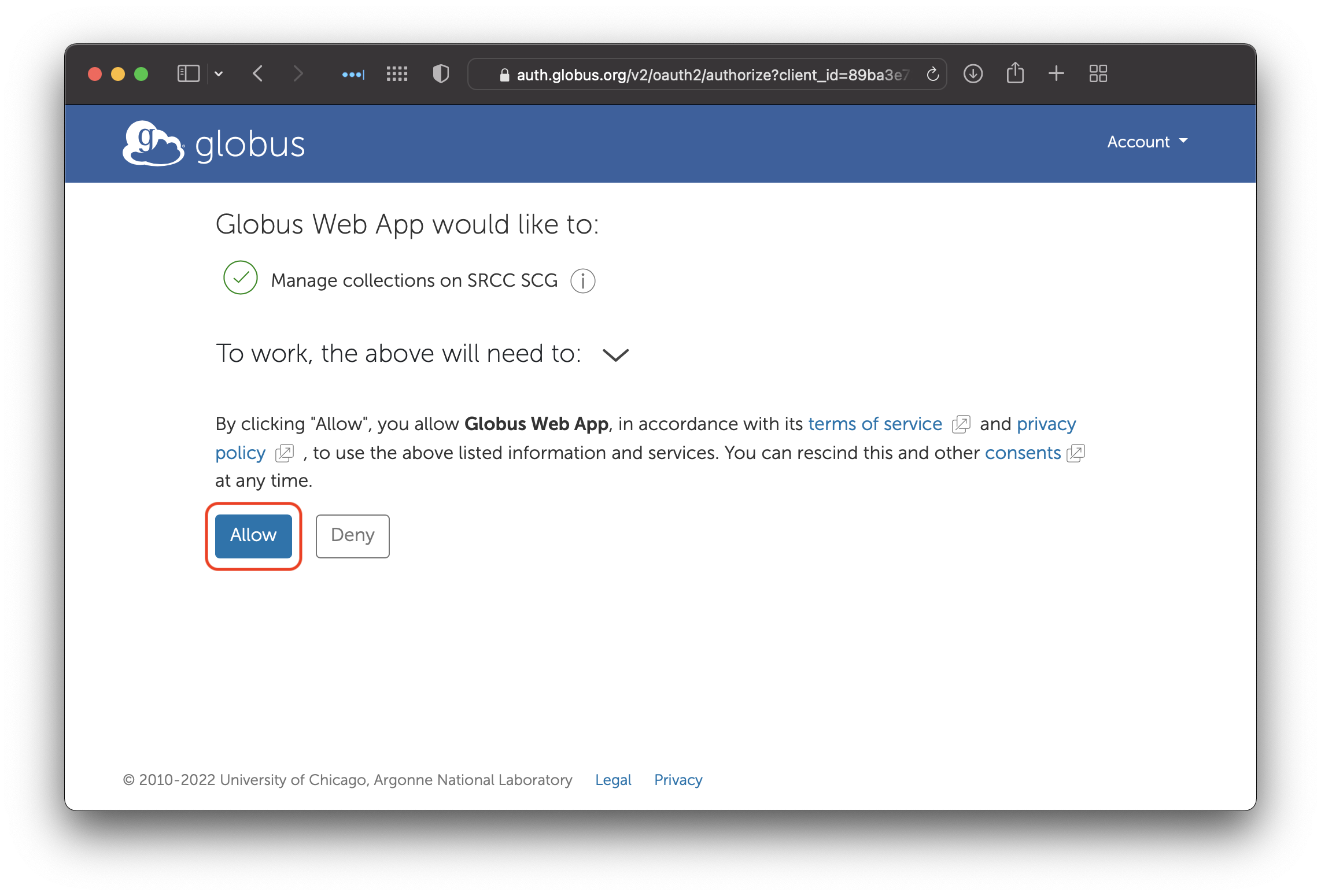A prompt to give consent to the Globus Web app to manage your IAM User credentials in the S3 collection.