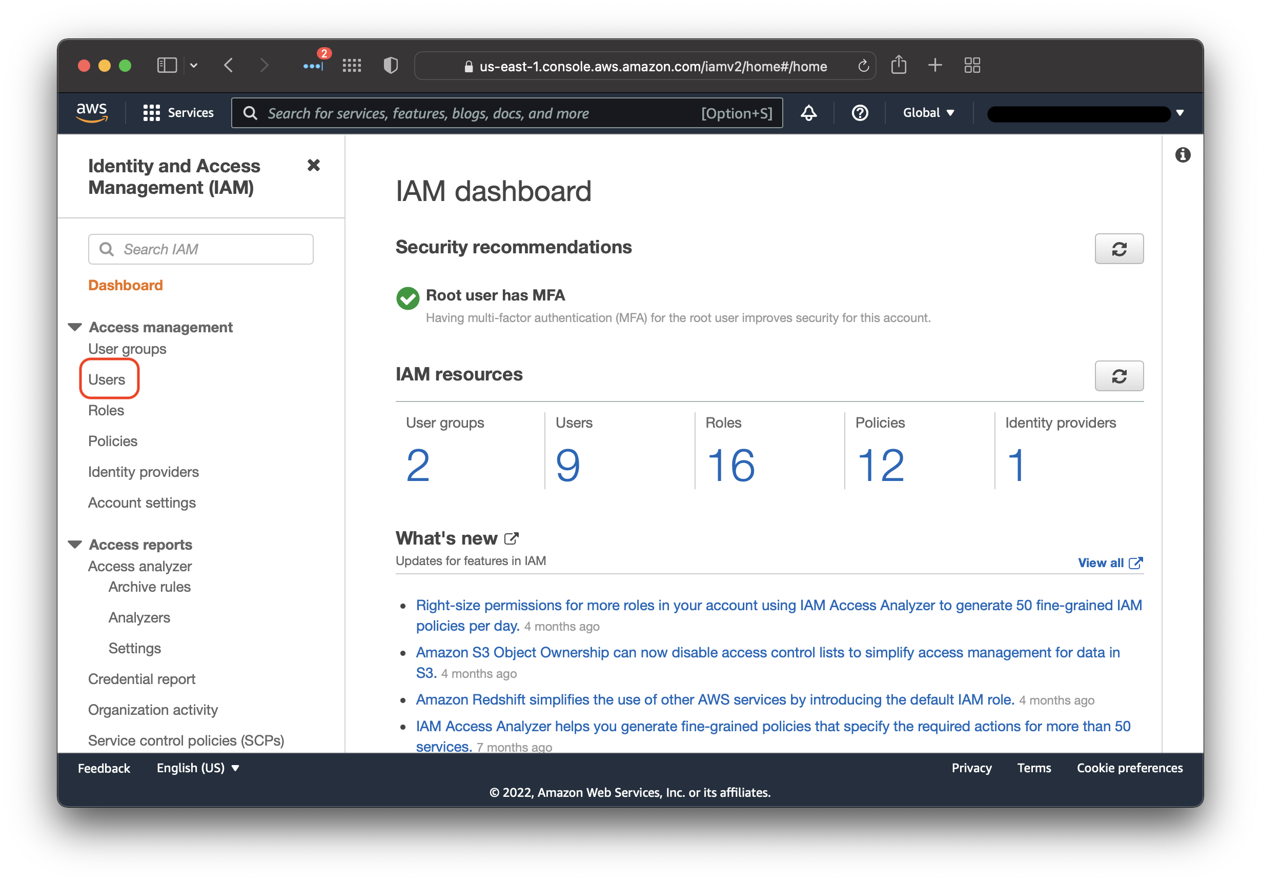 The AWS IAM Dashboard, the contents of which are currently unimportant.