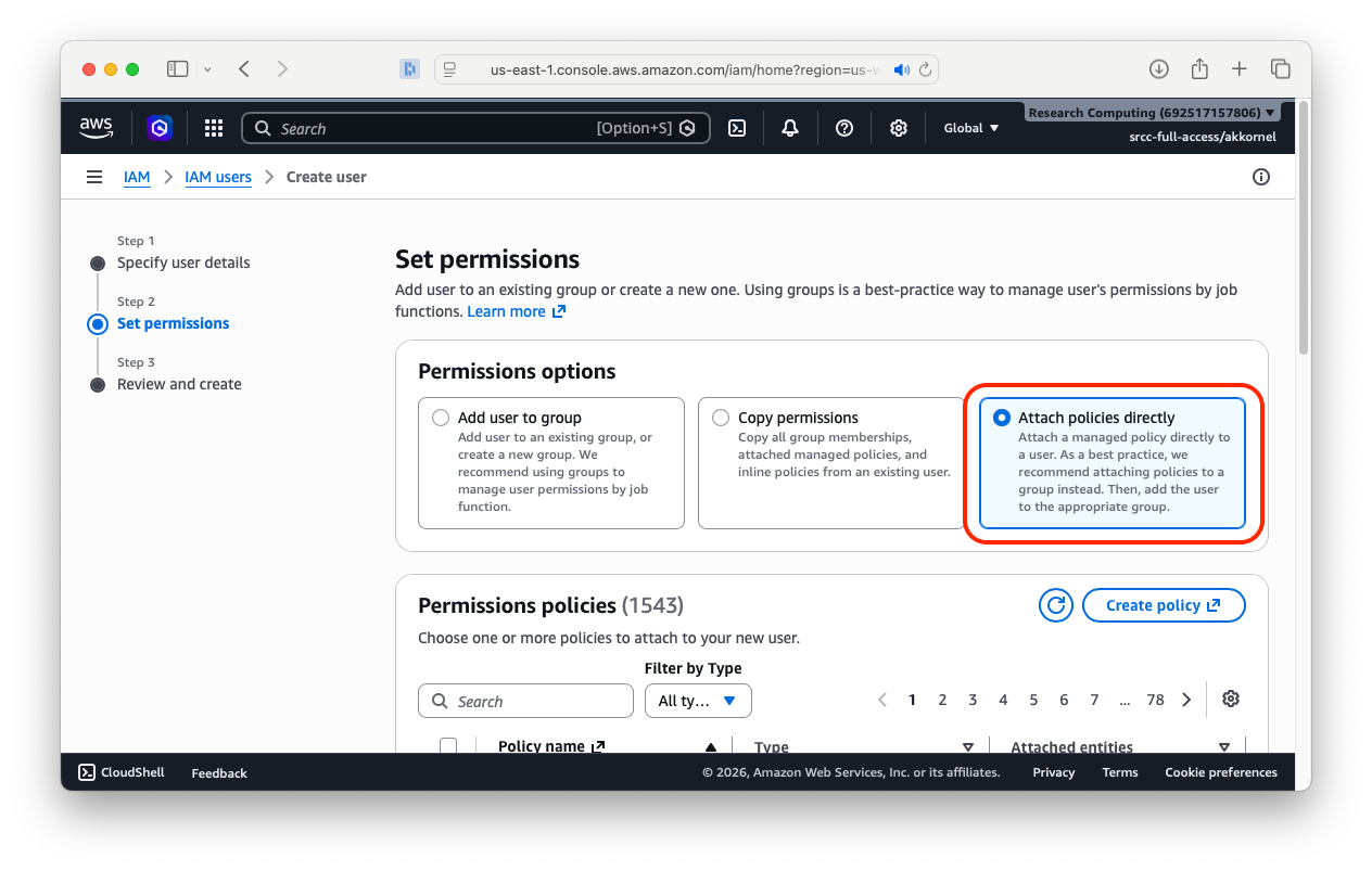 Part one of a screen asking you to assign permissions.  Right now no permissions are set.