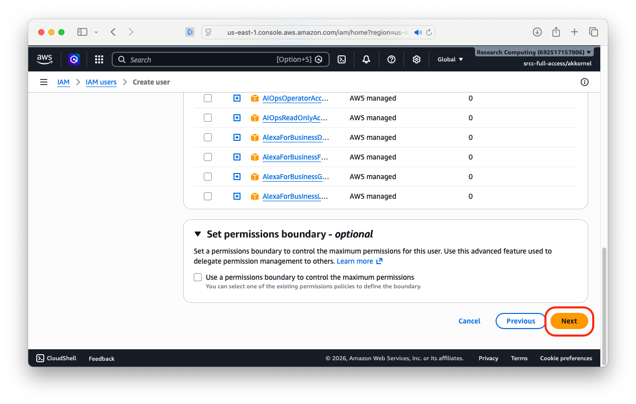 Part two of a screen asking you to assign permissions.  Right now no permissions are set.