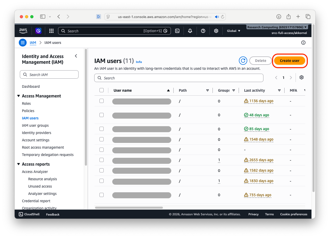 The AWS IAM Users list, the contents of which are currently unimportant.