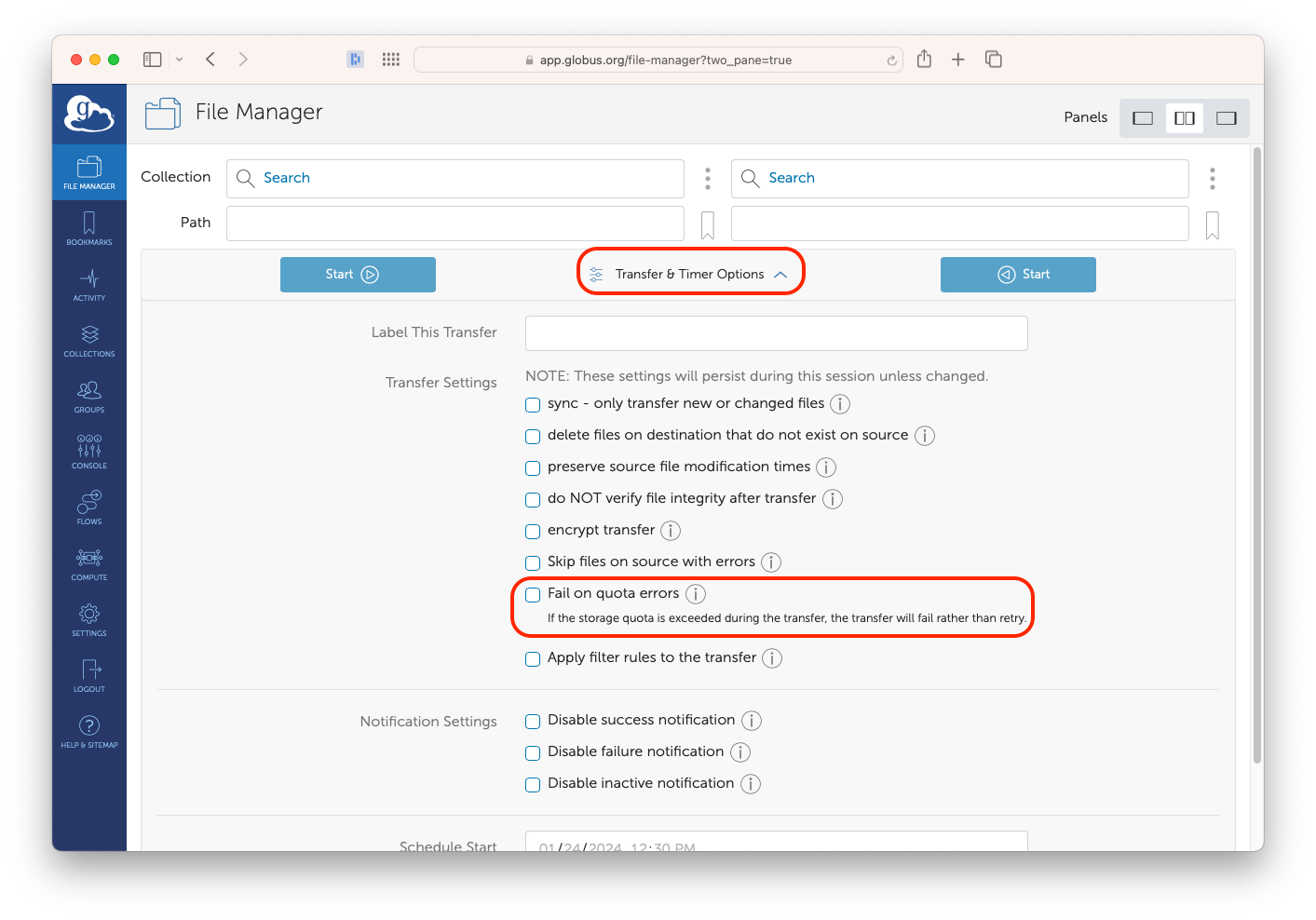 A Globus File Manager window, showing transfer and sync options.  The 'Fail on quota errors' option is hilighted.