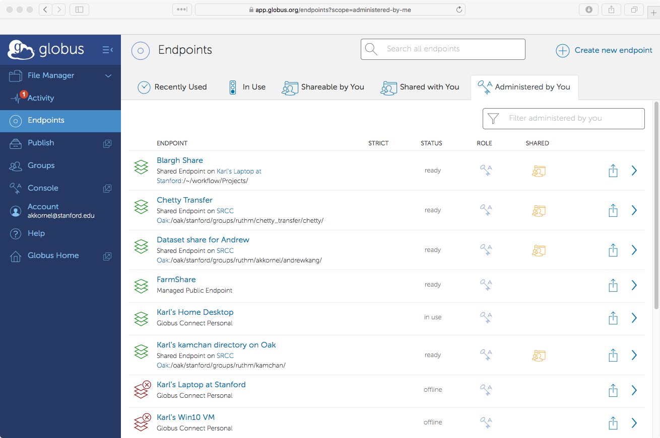 Globus 'Endpoints' page, showing endpoints you administer