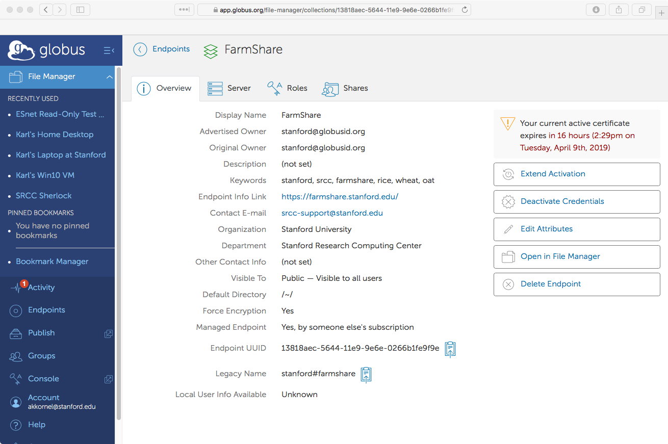 A Globus endpoint's 'Overview' page, showing endpoint details