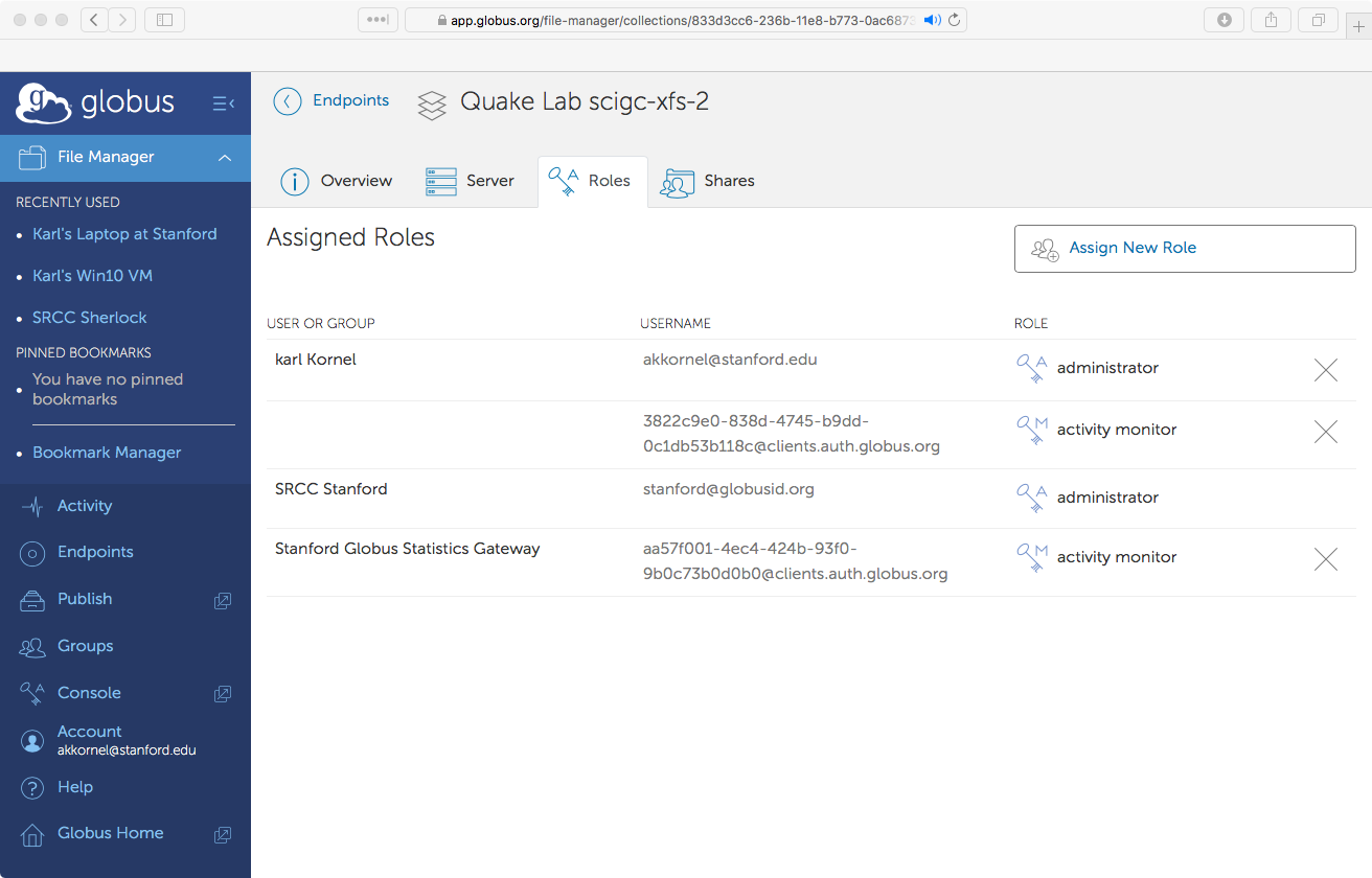 A Globus Connect Server endpoint, showing the list of roles.