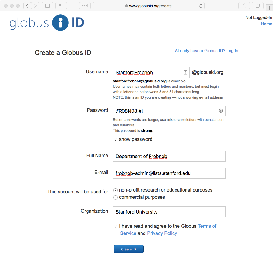 The 'Create a Globus ID' page, with fields filled in.