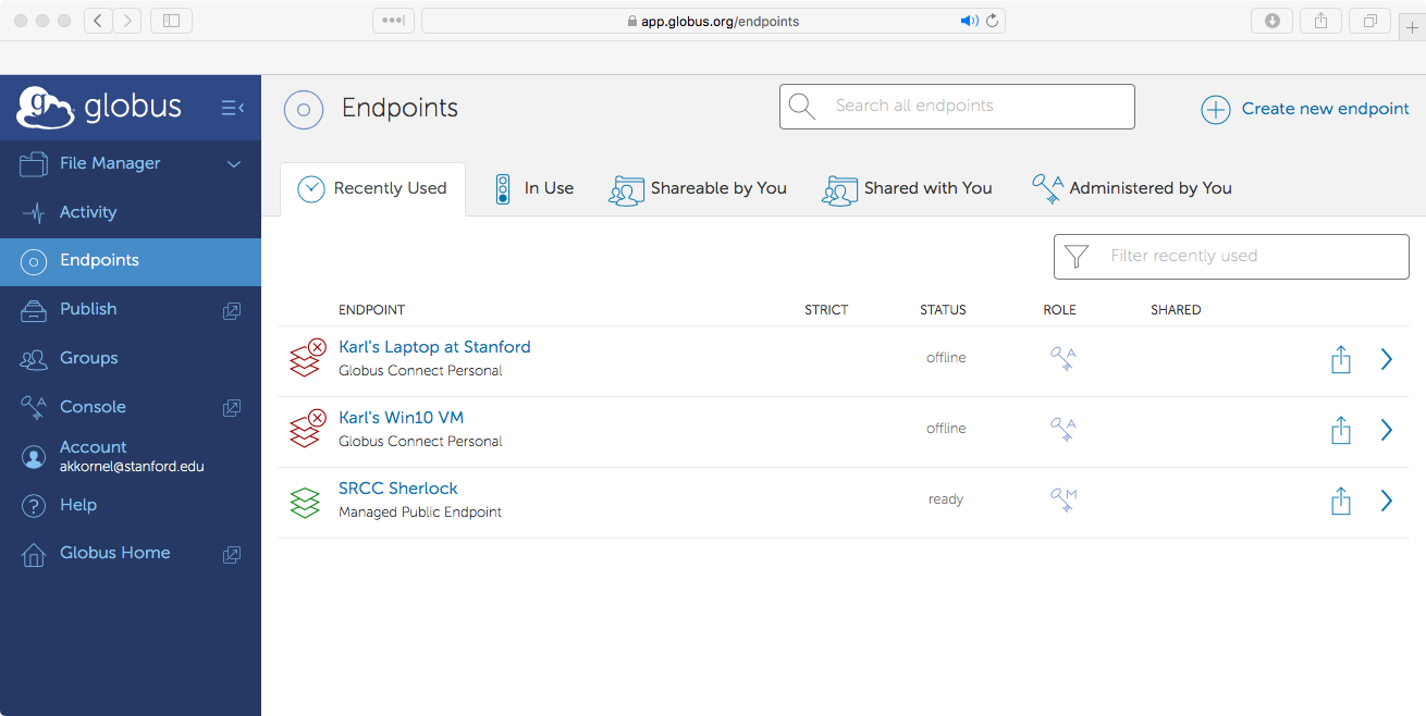 Globus 'Endpoints' page, showing recently-used endpoints